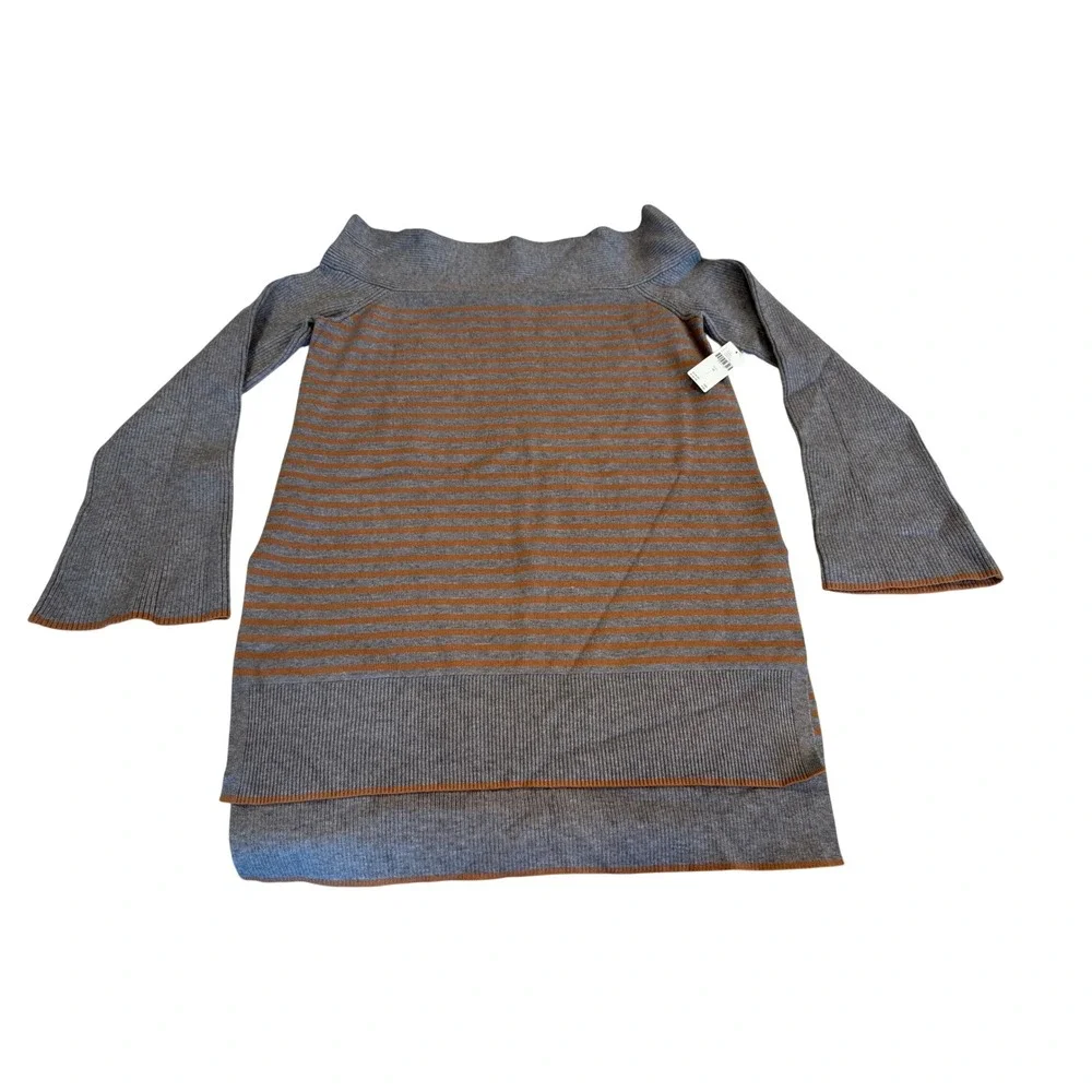 J.Crew NWT Gray Camel Stripe Off Shoulder Sweater M Bell Sleeve Side Slit